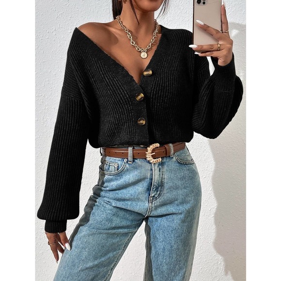 Minimalist Drop Shoulder Ribbed Knit Cardigan sweater - Picture 1 of 4